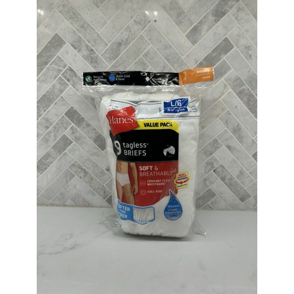 Hanes 9 Tagless Briefs Wicking Full Rise Elastic Waistband Large‎ 36"-38" Soft